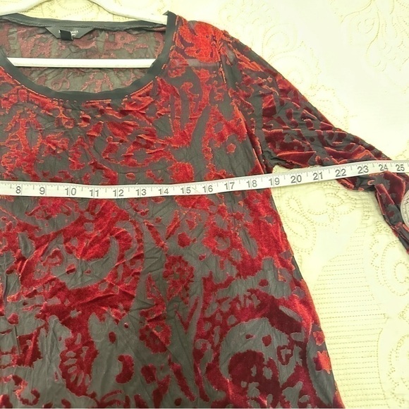 Vera Wang lingerie style black long sleeve semi-sheer blouse red velvet details - Picture 8 of 11